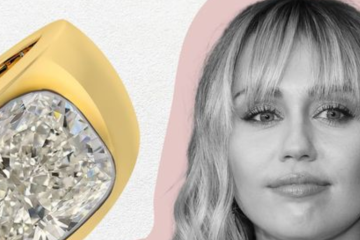 Cushion cut diamond bezel set gold engagement ring next to Miley Cyrus.