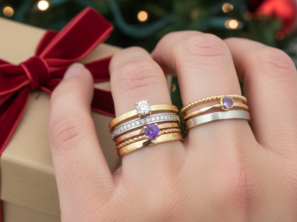 A hand wearing multiple stacking rings sets, holding a wrapped Christmas gift with a red ribbon, with a decorated Christmas tree in the background.