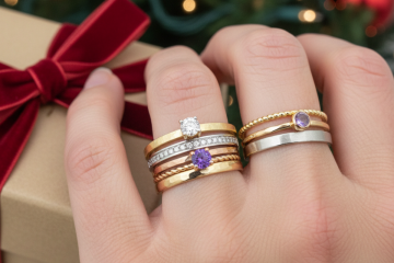 A hand wearing multiple stacking rings sets, holding a wrapped Christmas gift with a red ribbon, with a decorated Christmas tree in the background.