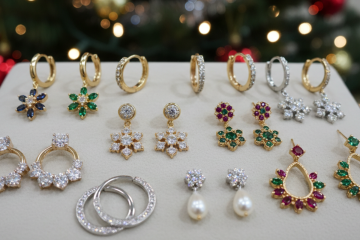 A variety of gold and silver earrings with various gemstones displayed on a white stand, with festive holiday lights blurred in the background.