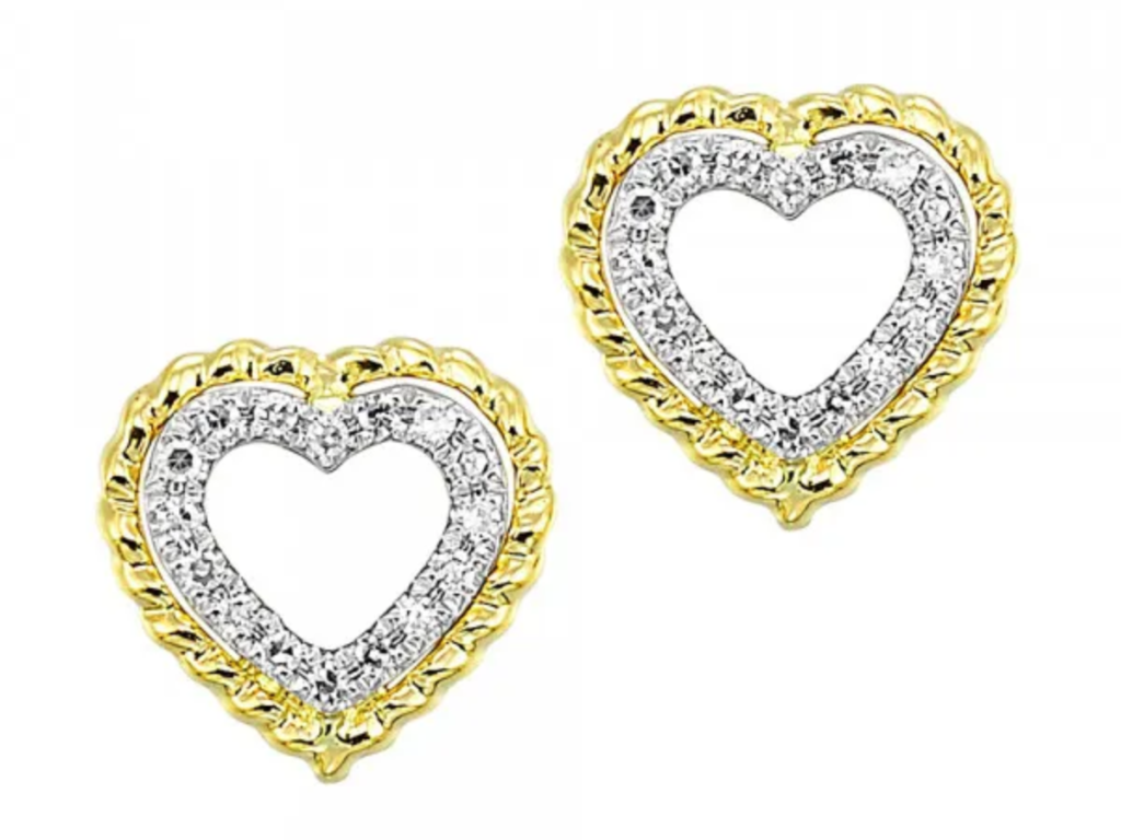 Gold heart outline earrings with diamonds