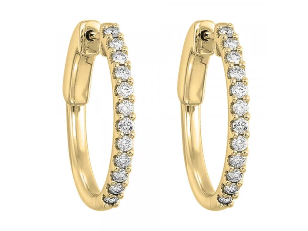 Gold hoop earrings with round diamonds