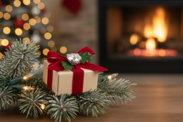 A beautifully wrapped small gift box with a red ribbon and a holly decoration, topped with a sparkling engagement ring, resting on a wooden surface with a decorated Christmas tree and a fireplace in the background.