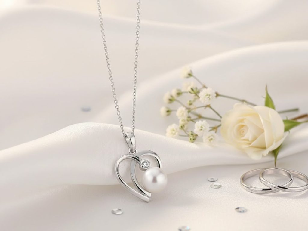 Heart-shaped pendant with pearl detail.