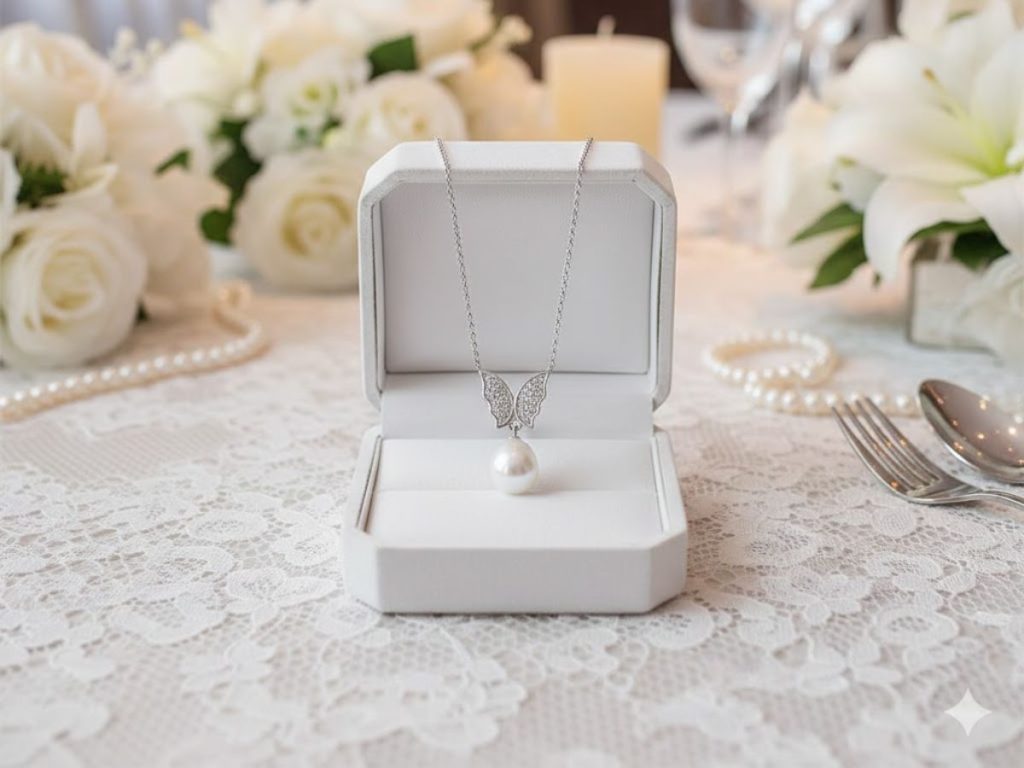 Butterfly-wing pearl necklace in gift box