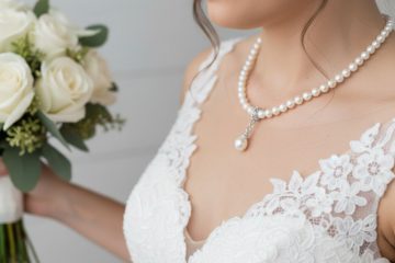A bride wearing a pearl necklace with a pendant, holding a white rose bouquet.