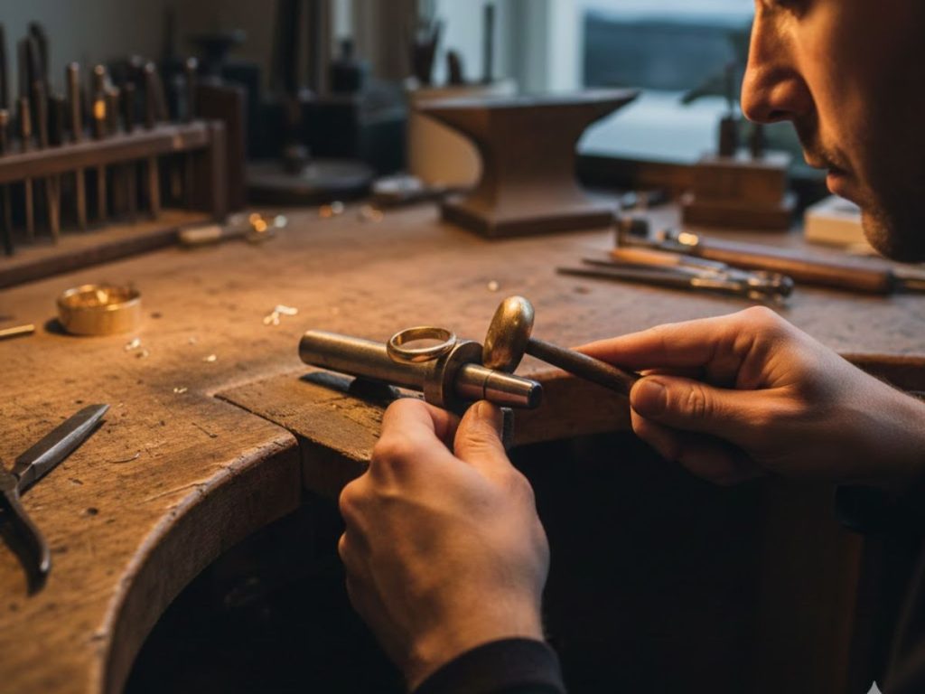 Jeweler resizing ring at workbench