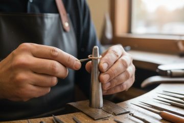 A jeweler's hands carefully working on a ring to repair a bent shank.