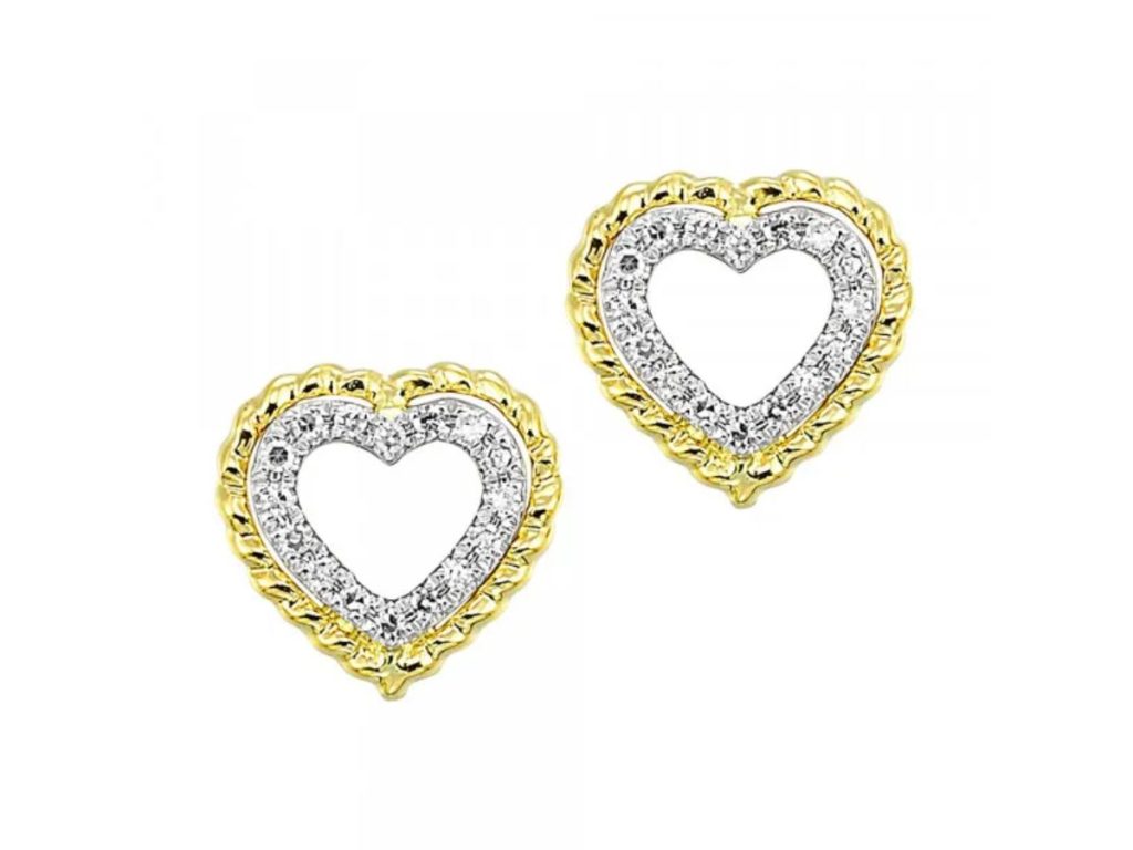 Heart-shaped diamond earrings with yellow gold trim.