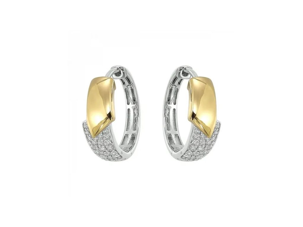 Silver and yellow gold hoop earrings with diamond details.