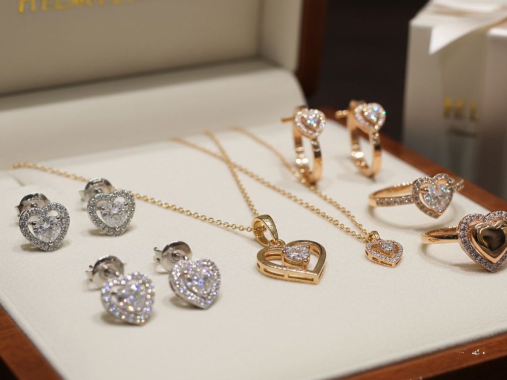 Heart diamond earrings necklaces rings