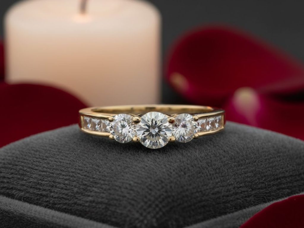 Gold three stone diamond ring