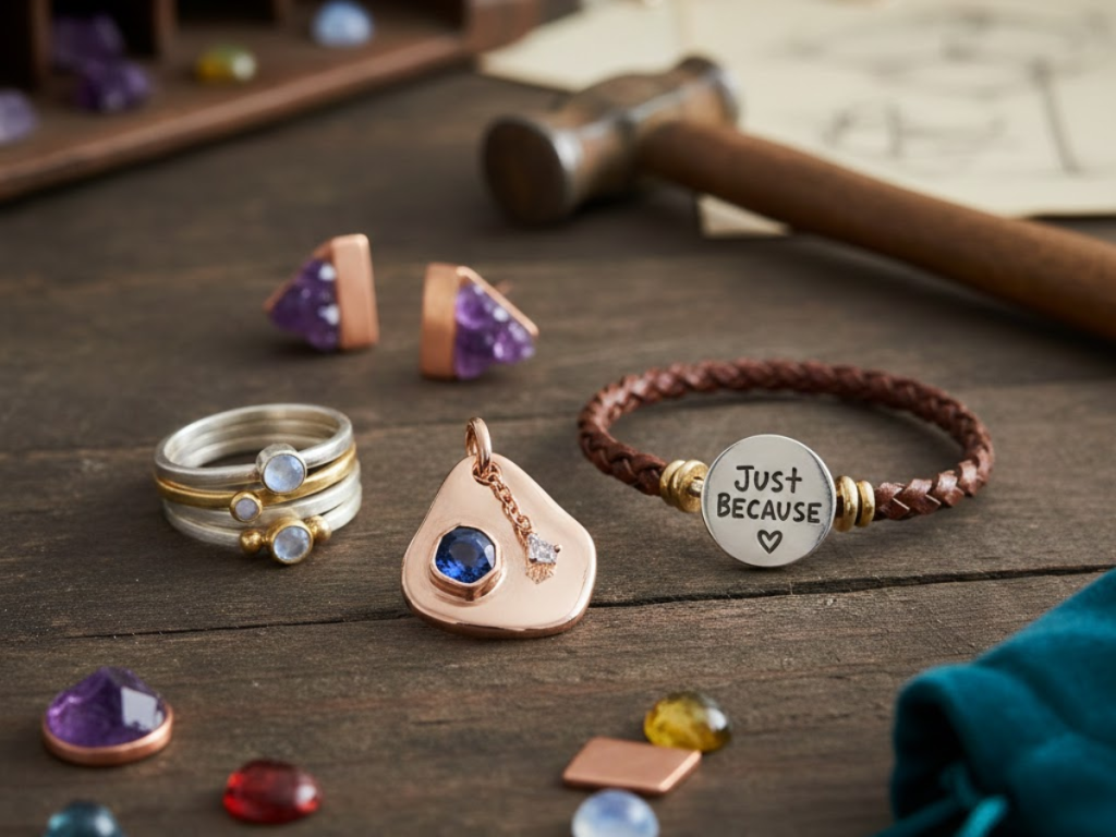 Handcrafted gemstone rings, pendant, and bracelet displayed on a jeweler’s workbench