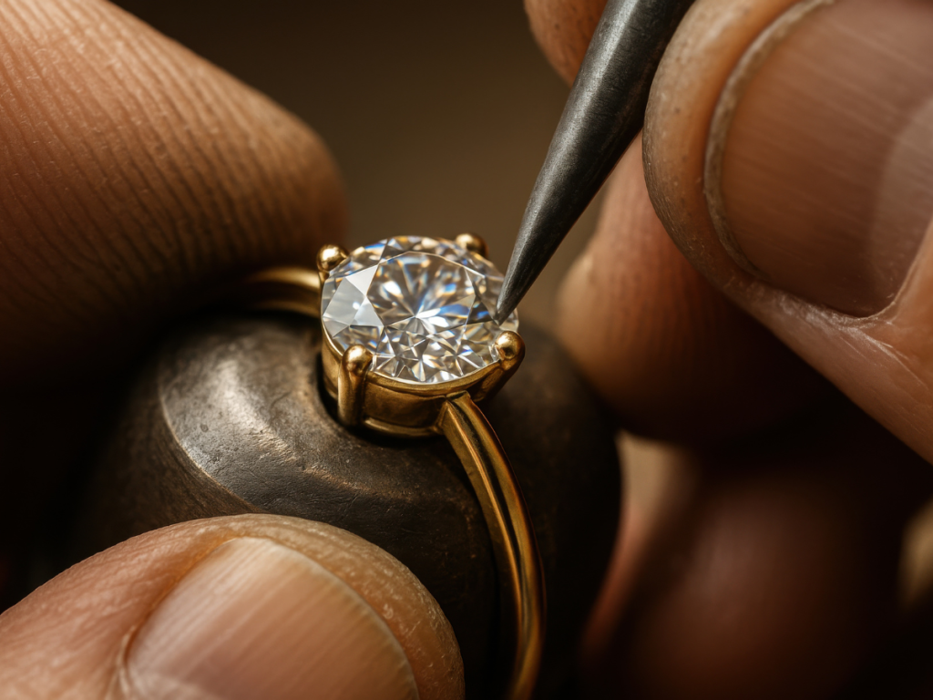 Jeweler setting a round diamond into a gold engagement ring using precision tools