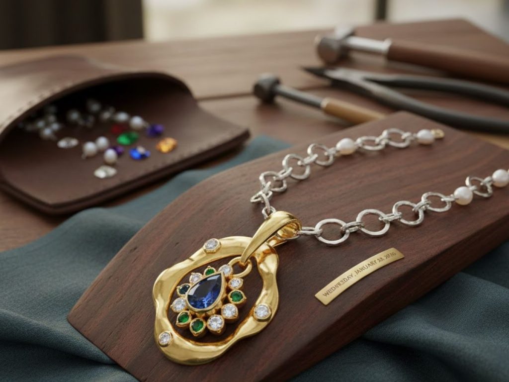 Gold necklace with colorful gemstones