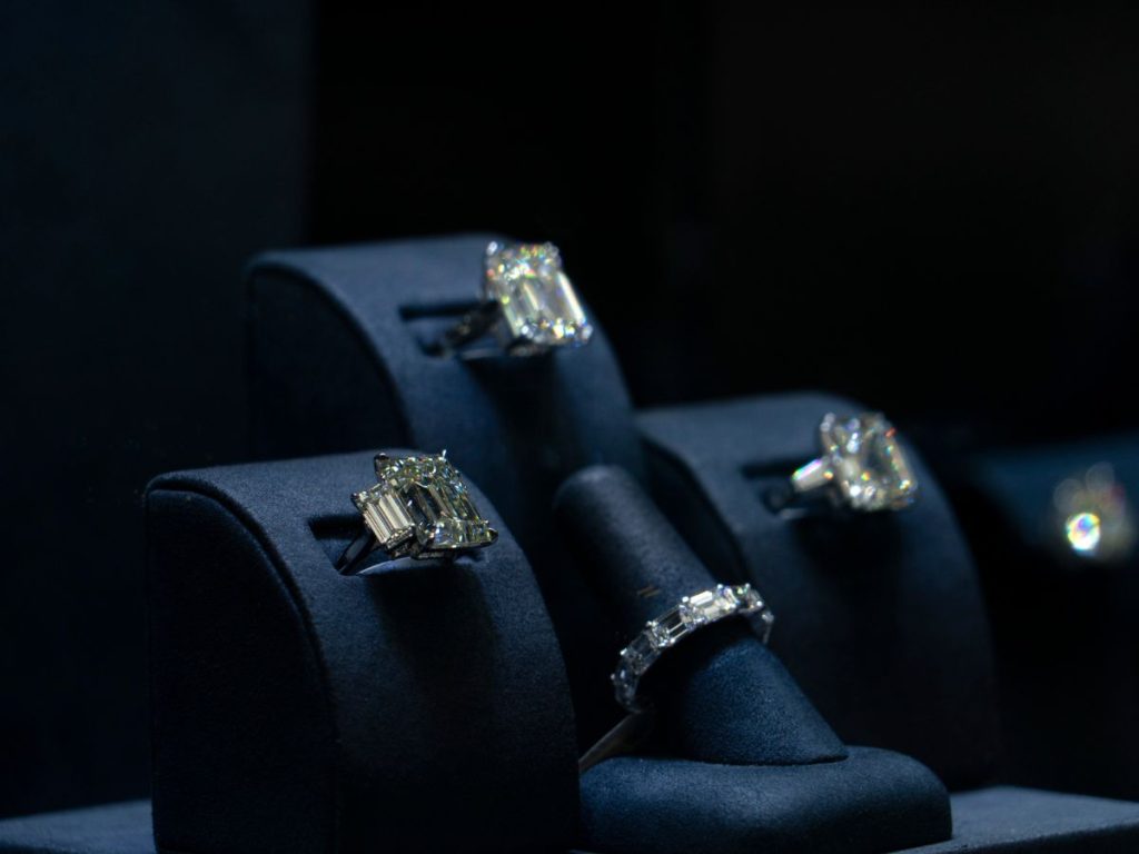 Close-up of elegant diamond rings in display.