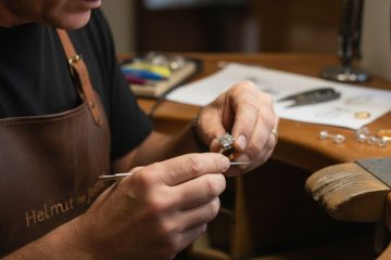 Jeweler carefully working on a ring.