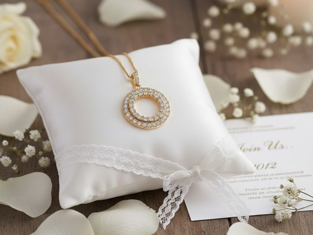 Gold pendant necklace with diamond circles.