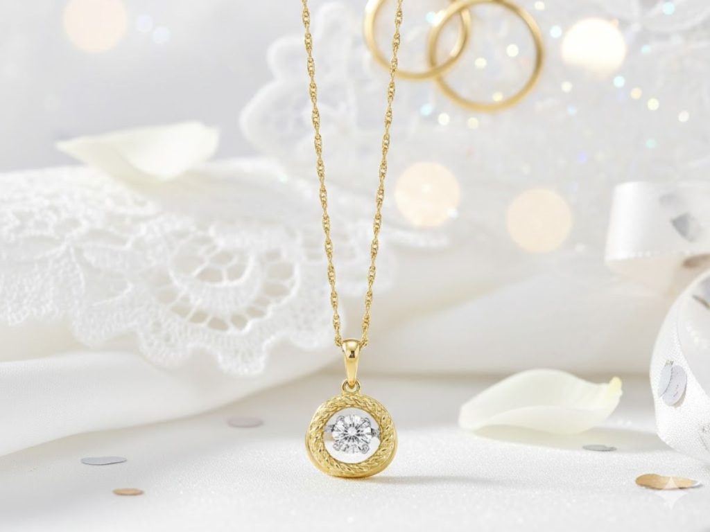 Gold necklace with a diamond center.