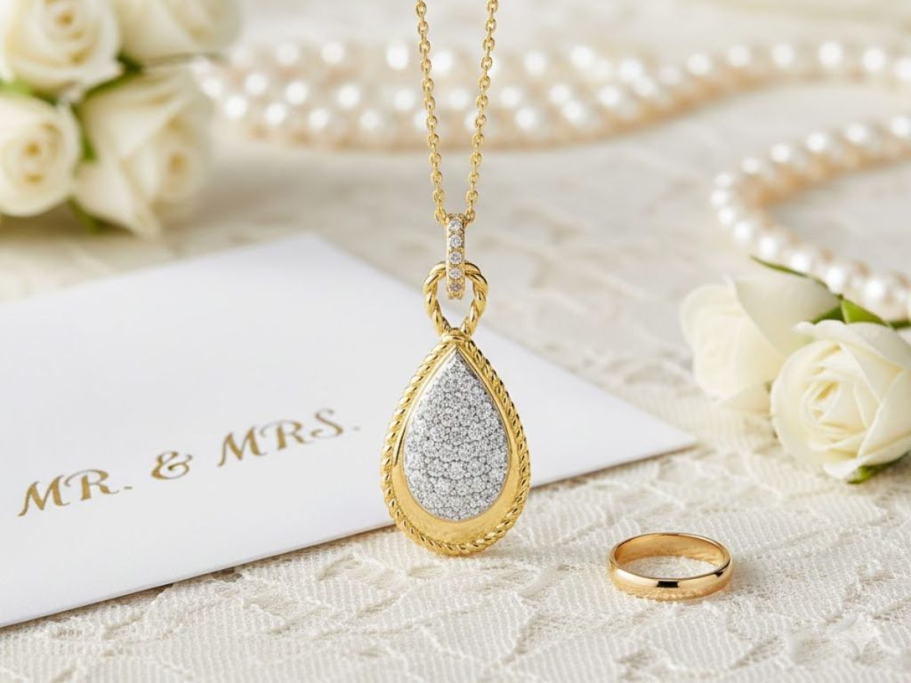 Teardrop-shaped diamond pendant with gold accents.