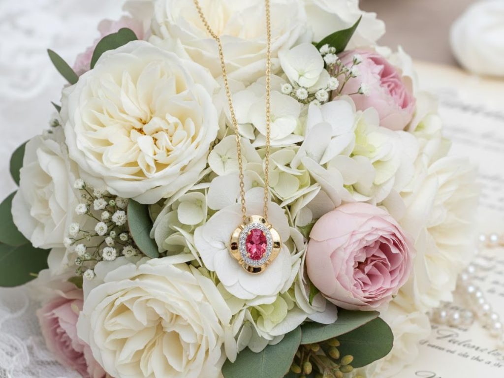 Gold pendant with pink gemstone on bridal bouquet.