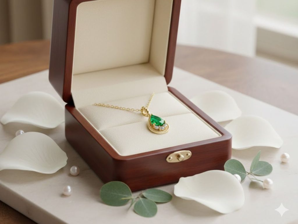 Green gemstone pendant in a wooden jewelry box.