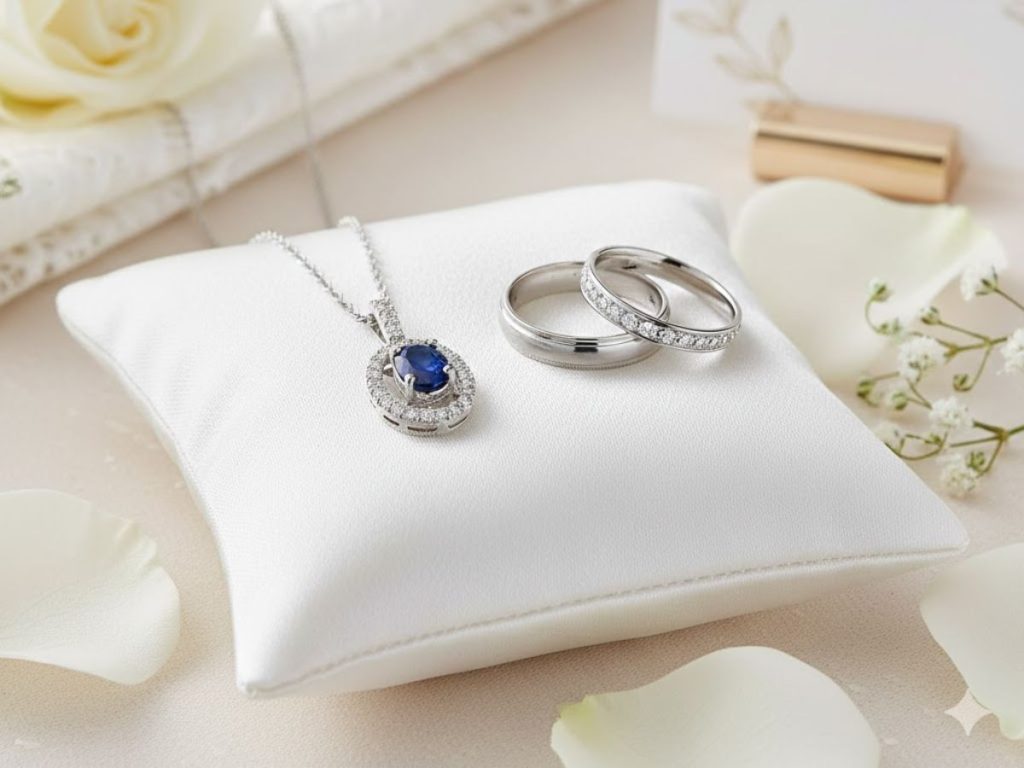 Sapphire and diamond pendant necklace with wedding rings.