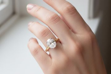 Oval diamond solitaire engagement ring on finger