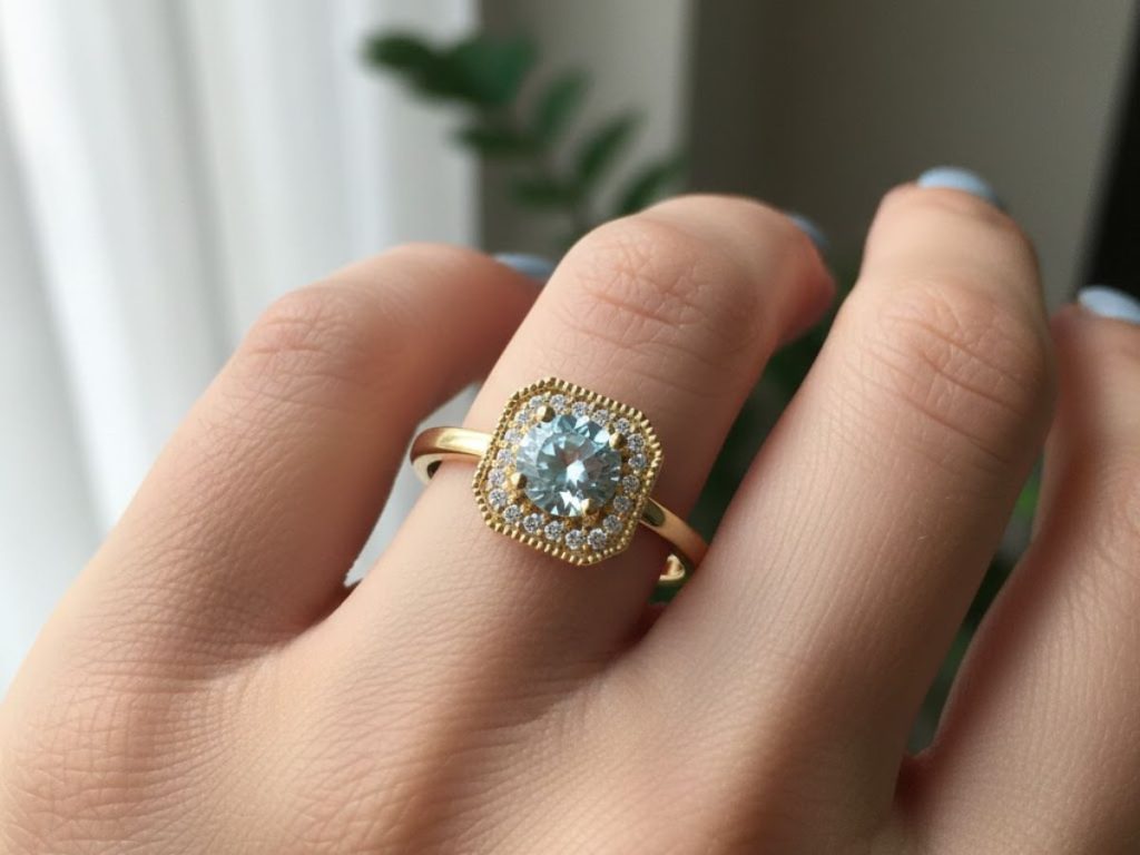 Aquamarine halo ring on hand