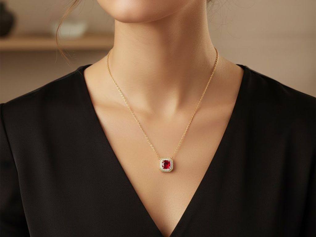 Ruby halo pendant necklace