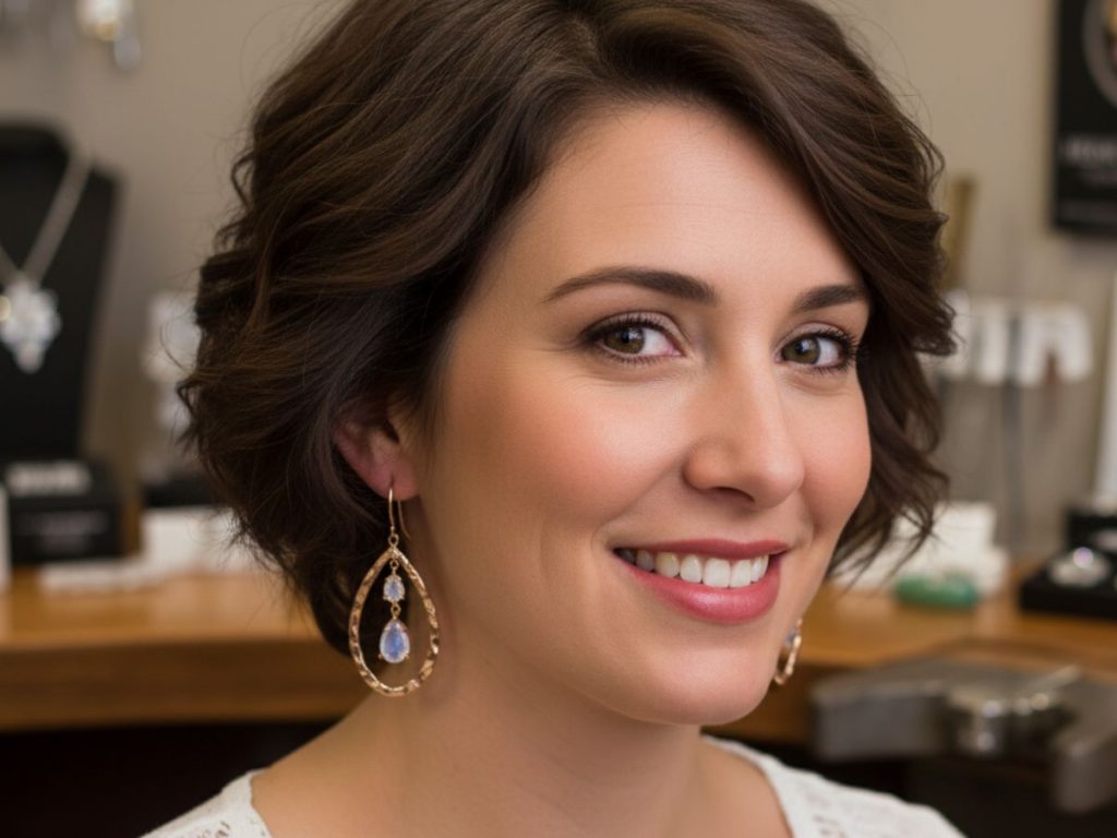 Woman wearing gold gemstone drop earrings