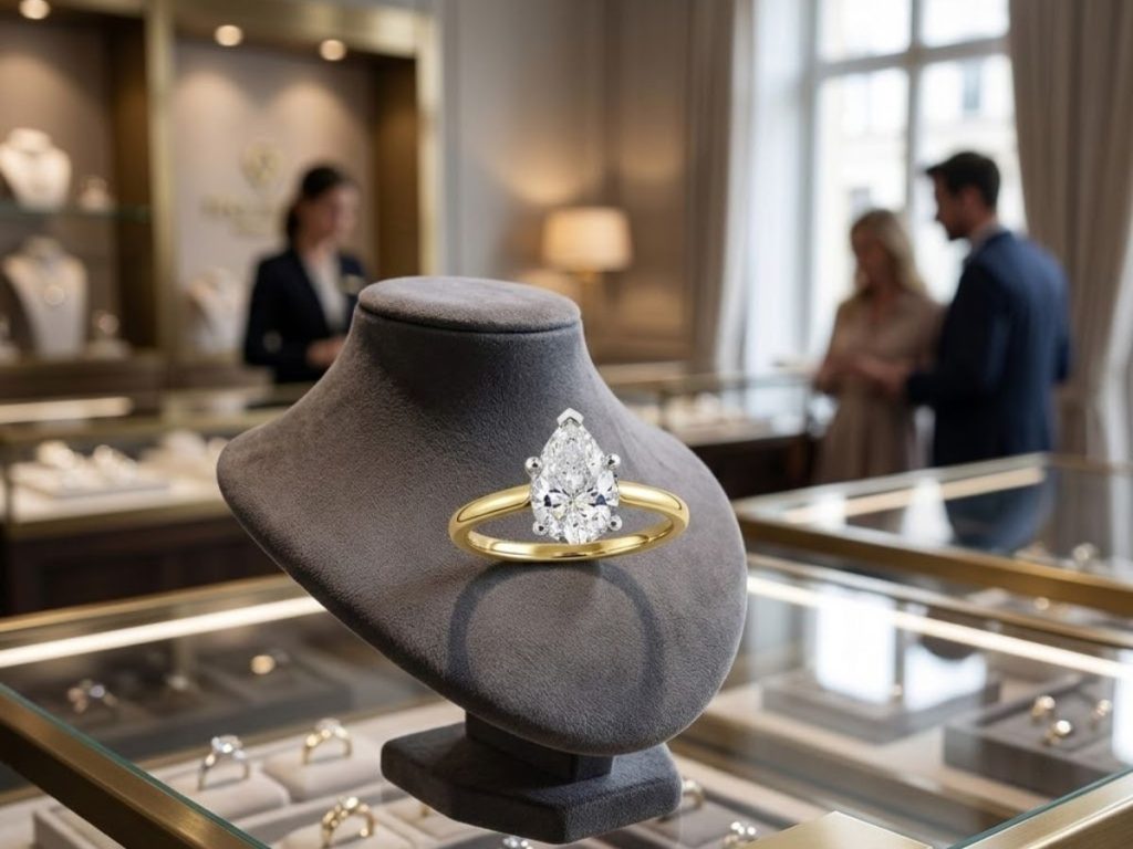 Pear shaped diamond engagement ring display