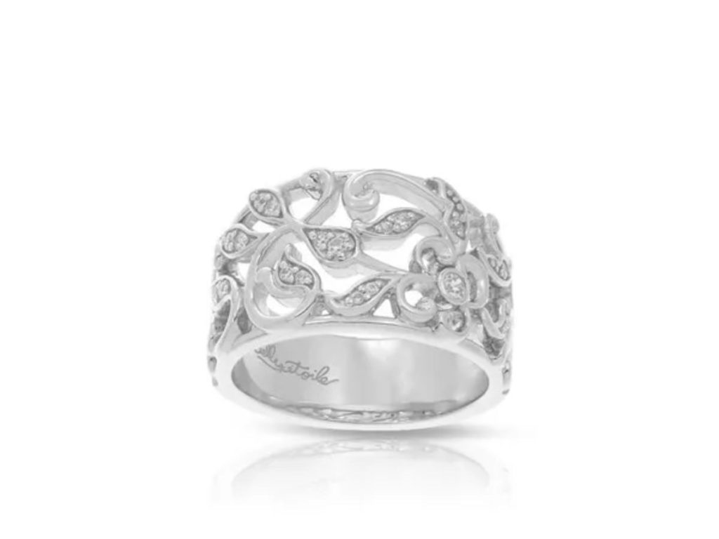 White gold floral filigree diamond ring vintage style band