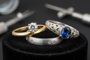 Diamond and sapphire engagement rings with modern wedding band