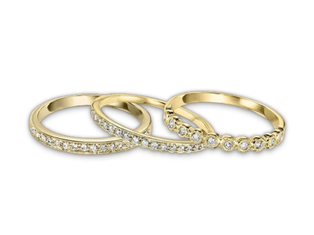 Yellow gold diamond stacking wedding bands set