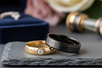 Modern gold and black men’s wedding bands with diamond