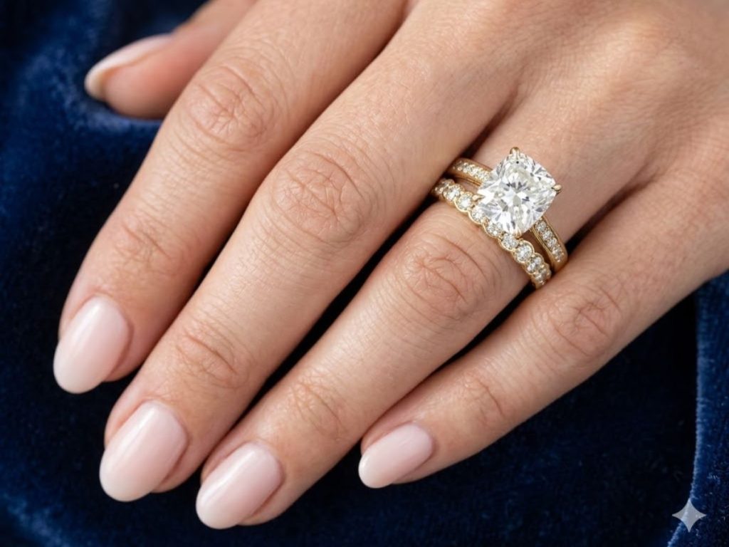 Cushion cut diamond engagement ring with gold bands