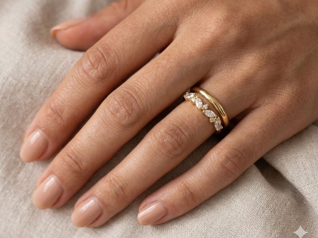 Gold diamond wedding band with marquise accent stones