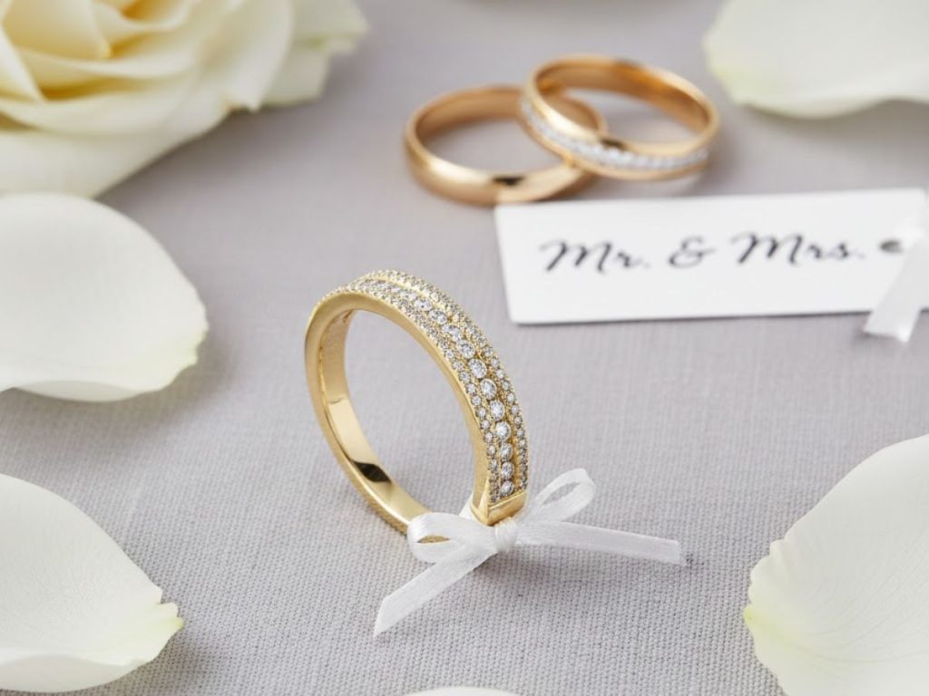 Diamond wedding band flat lay