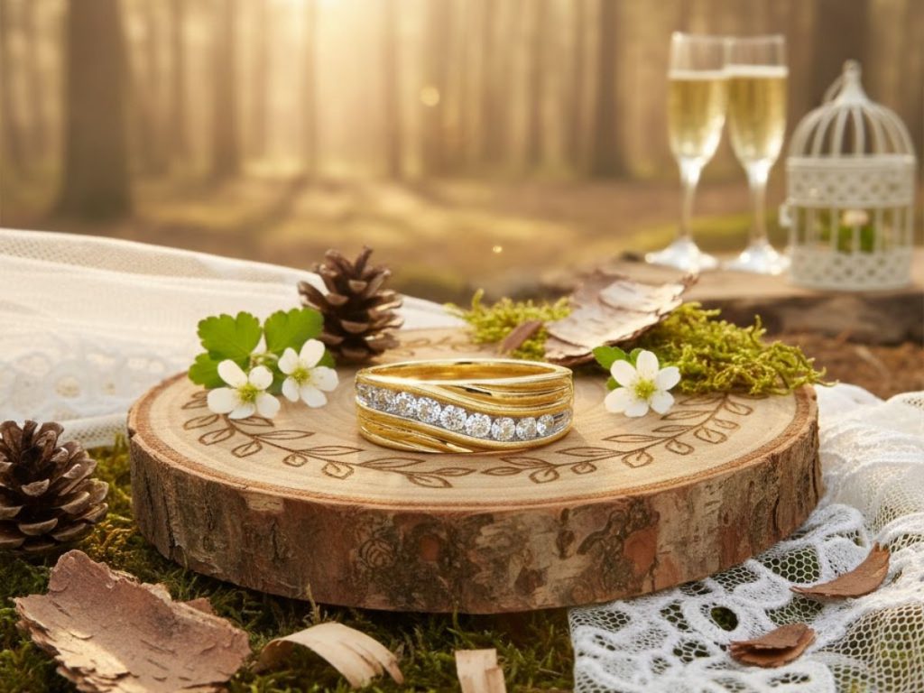 Gold diamond wedding band nature setting