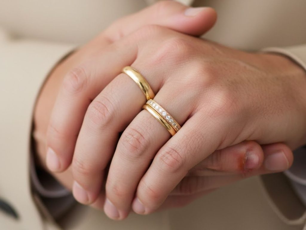 Matching gold wedding bands on hands