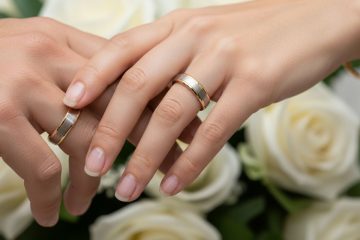 Matching wedding bands on hands