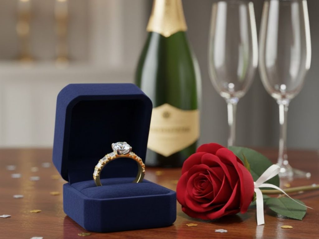 Diamond ring in box with rose