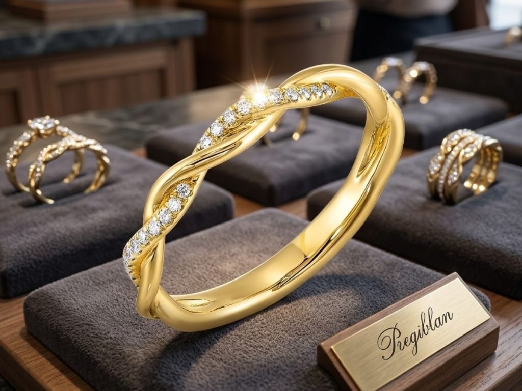 Twisted gold diamond wedding band display