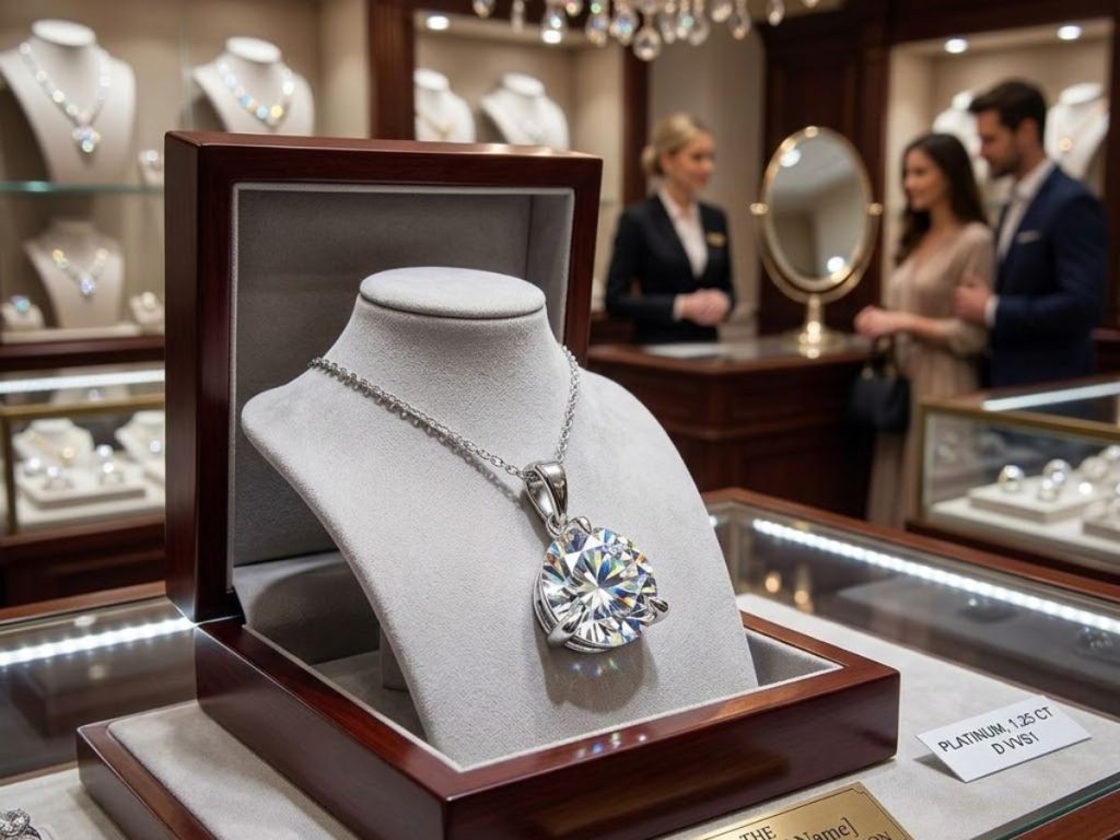 Large round diamond pendant necklace display