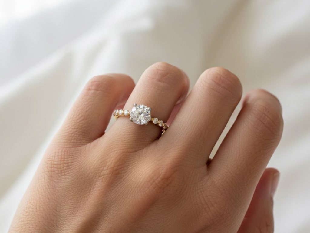 Round diamond solitaire ring on hand