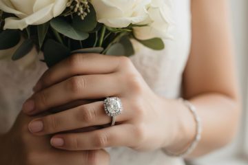 Halo diamond engagement ring on hand