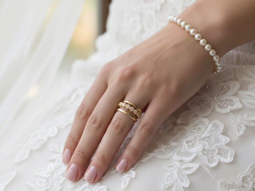 Gold wedding band set on hand