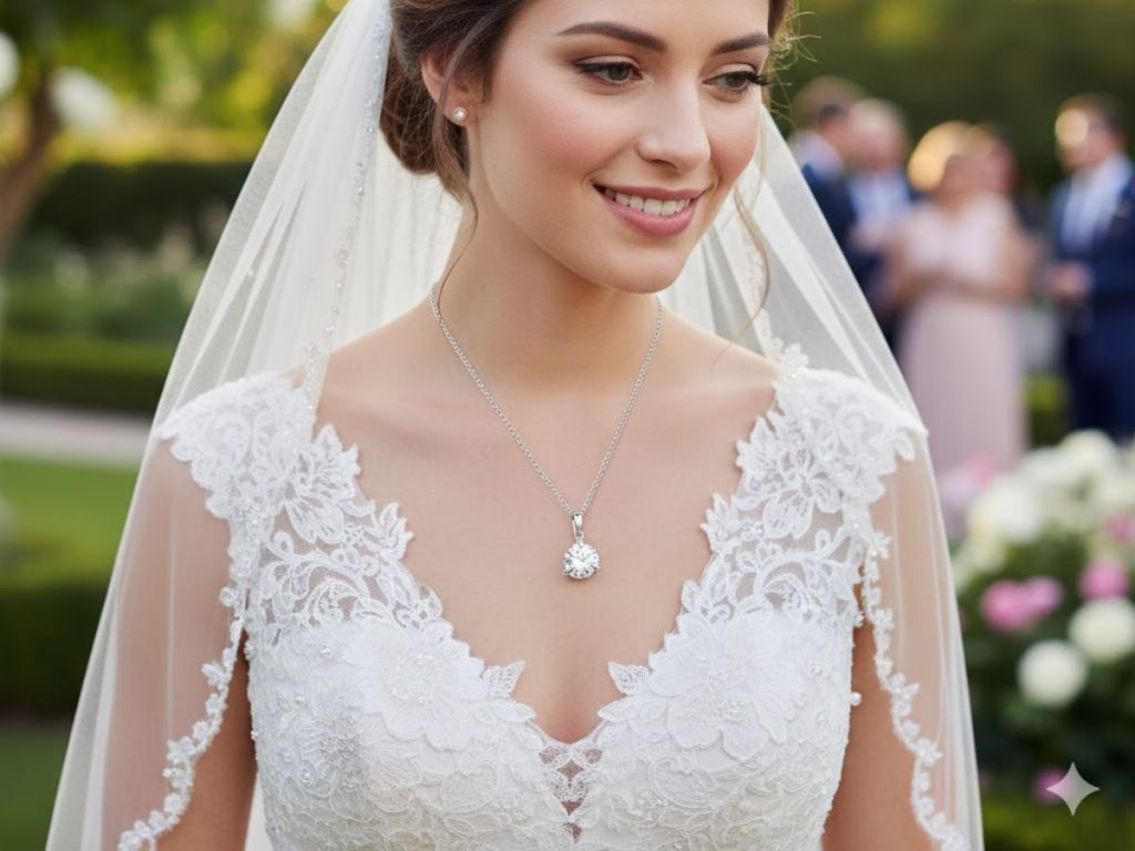 Bride wearing diamond pendant necklace