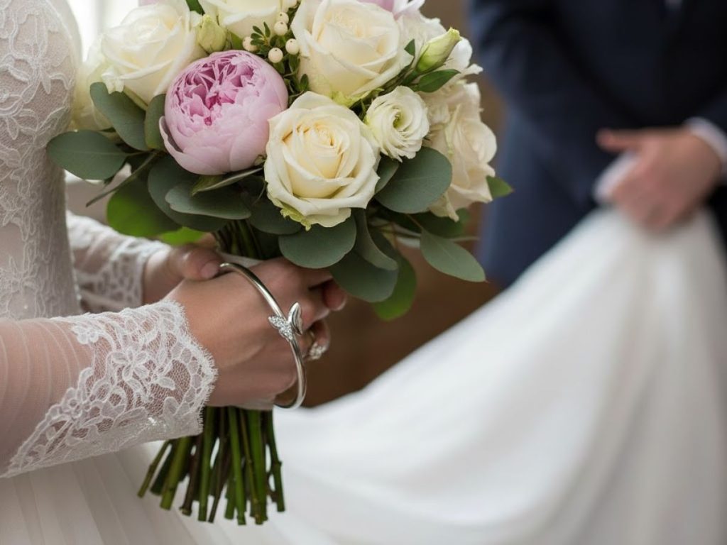 Bride holding bouquet wearing bracelet